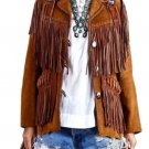 Real Cowhide Suede Fringe Leather Jacket Women - Native American Beaded Brown Ladies Western Coat