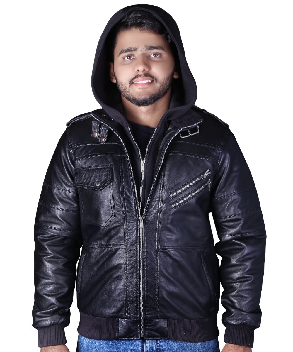 Real Sheepskin Black Leather Jacket Men - Windbreaker Motorcycle Jacket & Coat with Removable Hood