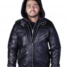 Real Sheepskin Black Leather Jacket Men - Windbreaker Motorcycle Jacket & Coat with Removable Hood