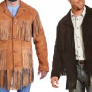 Cowhide Suede Fringe Leather Jacket Men - Handmade Vintage Style Brown & Black American Western Coat