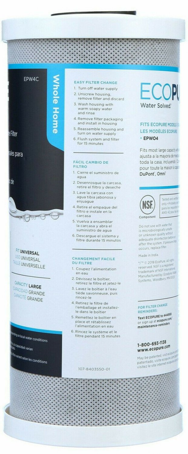 NEW EcoPure EPW4C Carbon Block Universal Whole Home Water Filter 25 Micron