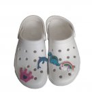 White  Crocs With Crown And Dolphins, Disnour And Rainbow On It