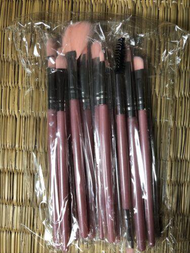 NEW 12 Pc. Makeup Brush Set With Soft Nylon Bristles & Pink Handles