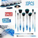 10Pcs Makeup Brushes Crystal Handle Lip Powder Blending Brushes Blue For Woman