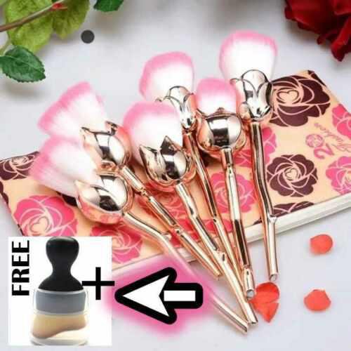 6pcs rose flowers shape makeup brush set with bag. and FREE gift single brush