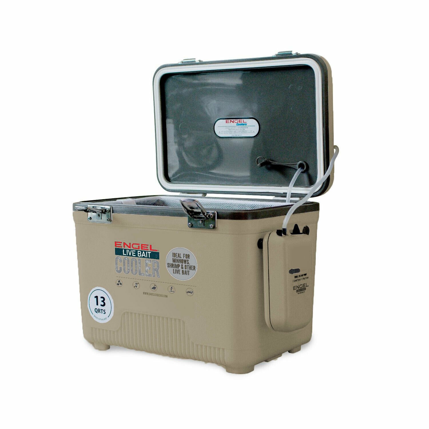 Engel 13 Quart Insulated Live Bait Fishing Outdoor Cooler With Water Pump, Tan/392284320100