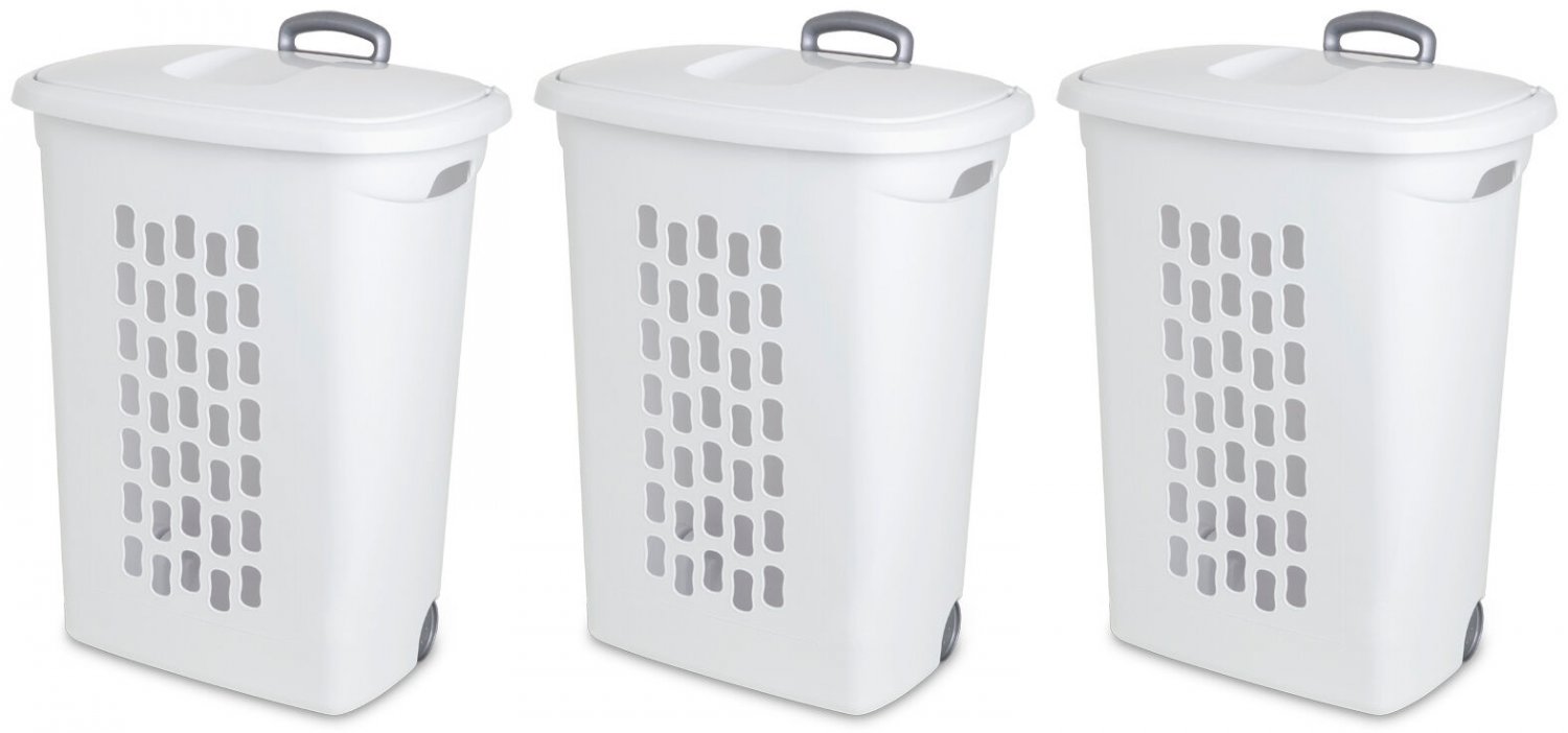 Sterilite White Laundry Hamper with LiftTop, Wheels, And Pull Handle