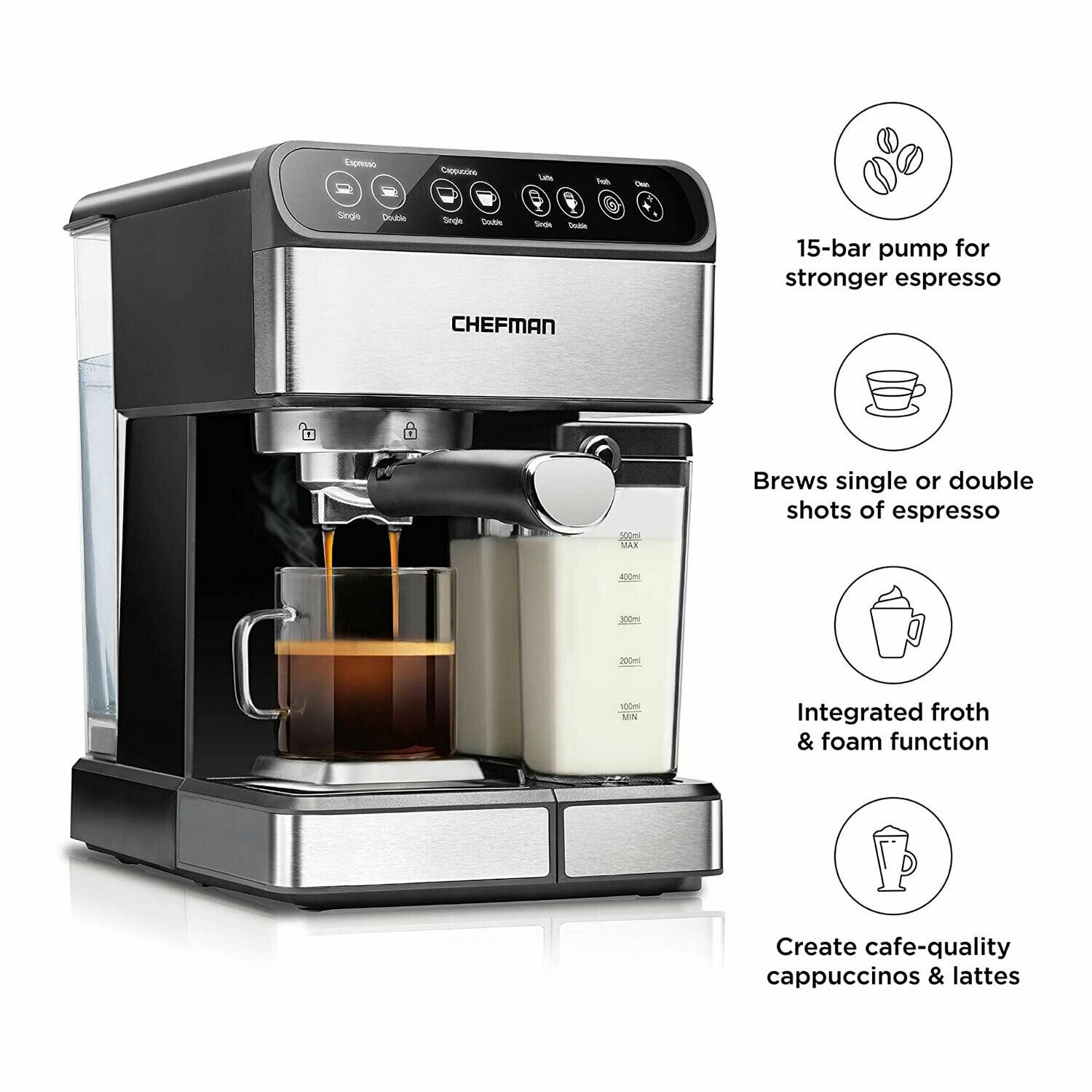 Chefman 6 in 1 Espresso Maker Coffee Machine with Milk Frother and 15