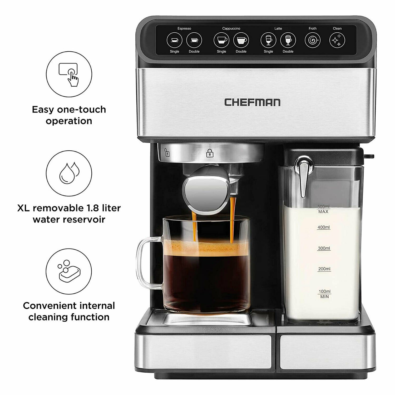 Chefman 6 in 1 Espresso Maker Coffee Machine with Milk Frother and 15