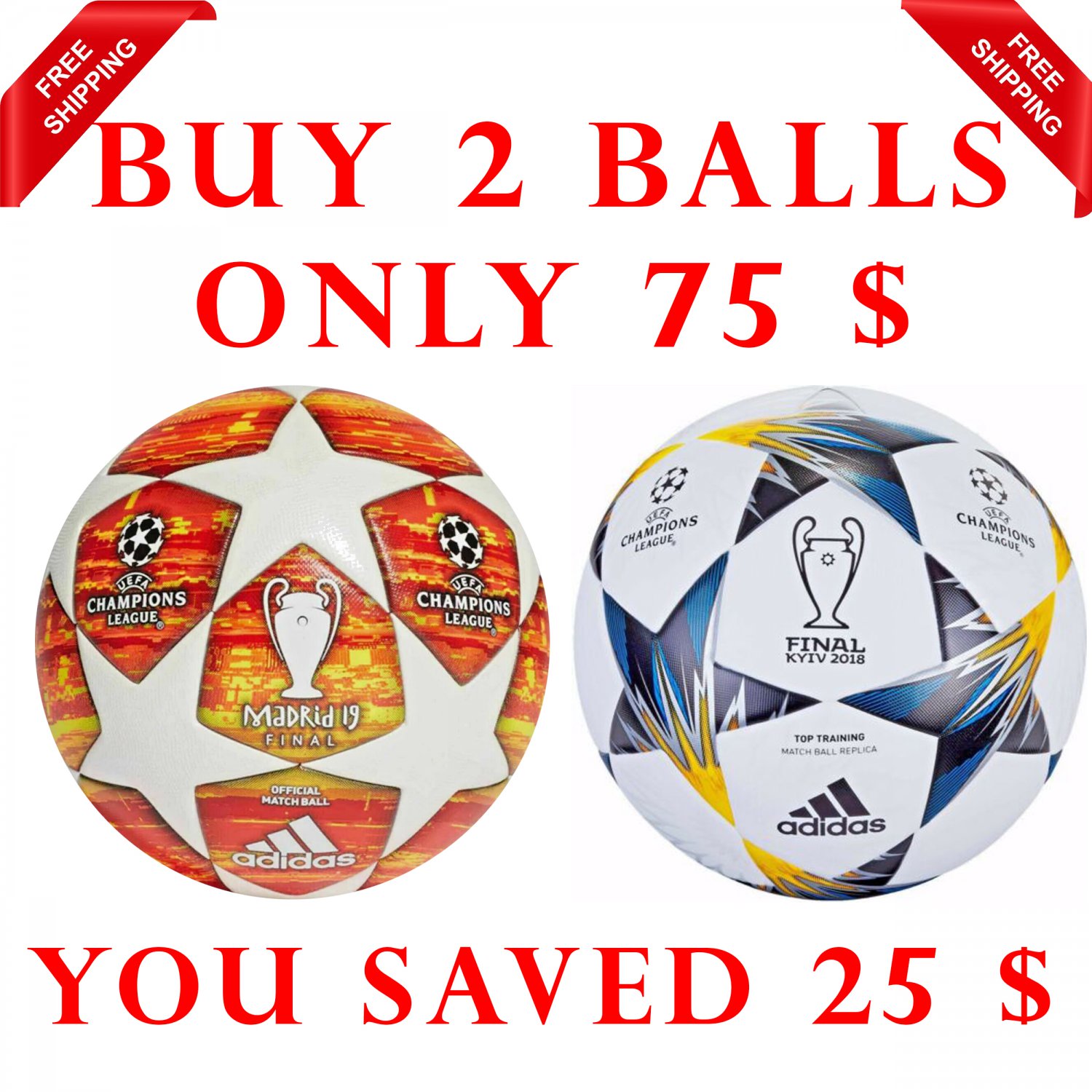 Sale Buy 2 Adidas Final Madrid 2019 & Finale Kyiv 2018 UEFA Champions League SOCCER MATCH BALL 5