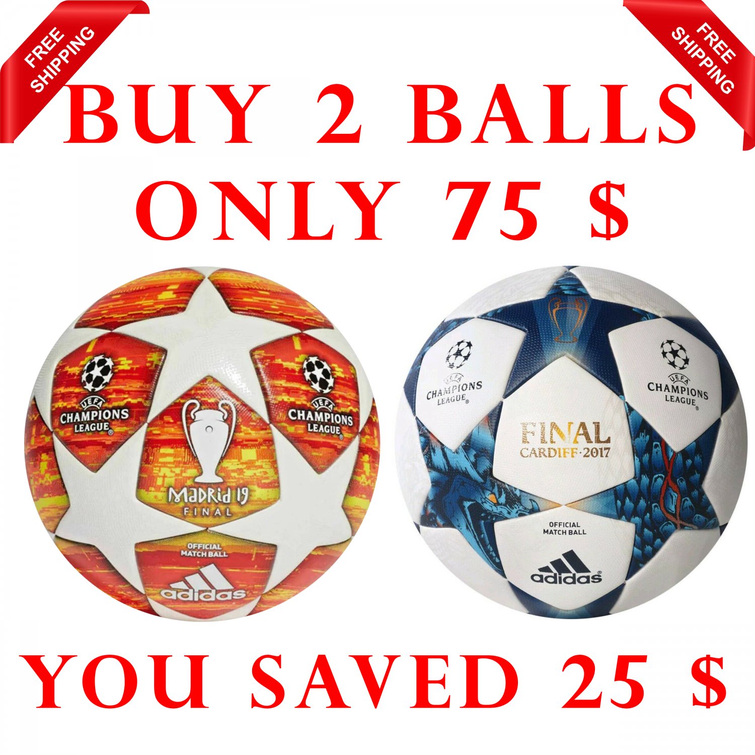 Sale Buy 2 Adidas Final Madrid 2019 & FINALE CARDIFF 2017 UEFA Champions League SOCCER MATCH BALL 5