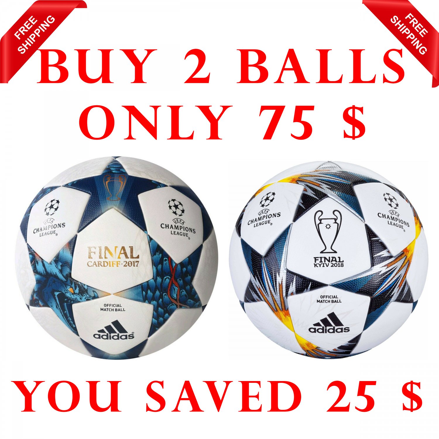 Sale Buy 2 Adidas UEFA CHAMPIONS LEAGUE FINALE CARDIFF 2017 & Finale Kyiv 2018 SOCCER MATCH BALL 5