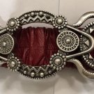 Red Leather Chico's Belt Large Silver Statement Buckle 32" Long Elastic Back