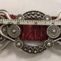 Red Leather Chico's Belt Large Silver Statement Buckle 32" Long Elastic Back
