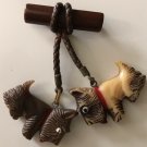 Vintage Brown Bakelite Bar Pin w/ 2 Dangle Scottie Dogs