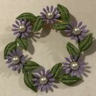 Vintage Purple Flower Green Leaves Faux Pearl Round Brooch Pin