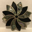 Vintage Mexico Sterling Silver Black Enamel Abalone Inlay Flower Pin Pendant AR