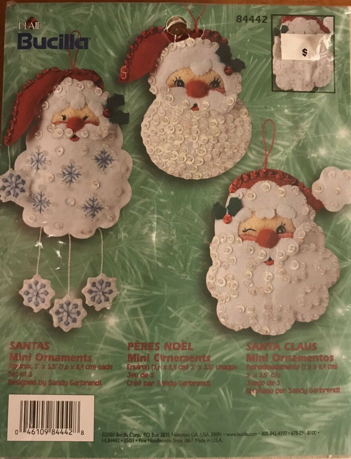 6 Packs Bucilla Santas Mini Ornaments Kit #84442 Felt Sequin New Sealed 2001
