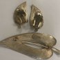 Vintage Signed Pastelli Brushed Silvertone Leaf Brooch Clip-on Earrings Set