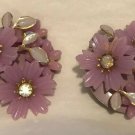 Retro Coro Cluster Earrings Lavender Flower Rhinestone Center Signed Clip On