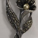 Signed CN 925 Sterling Silver Flower Pin Brooch With Pearls & Marcasite Stones