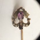 Antique Victorian 10K Rose Gold With Amethyst Seed Pearls Leaves Stick Pin