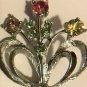 Signed Dodds Silver Tone Pink Yellow Green Rhinestone Flowers Basket Pin Brooch