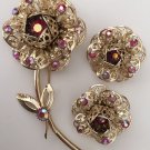 Signed Sarah Coventry Filigree Flower Brooch & Clip Earrings Aurora Borealis