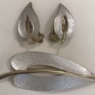 Vintage Signed Pastelli Brushed Silvertone & Gold Leaves Brooch Clip Earrings