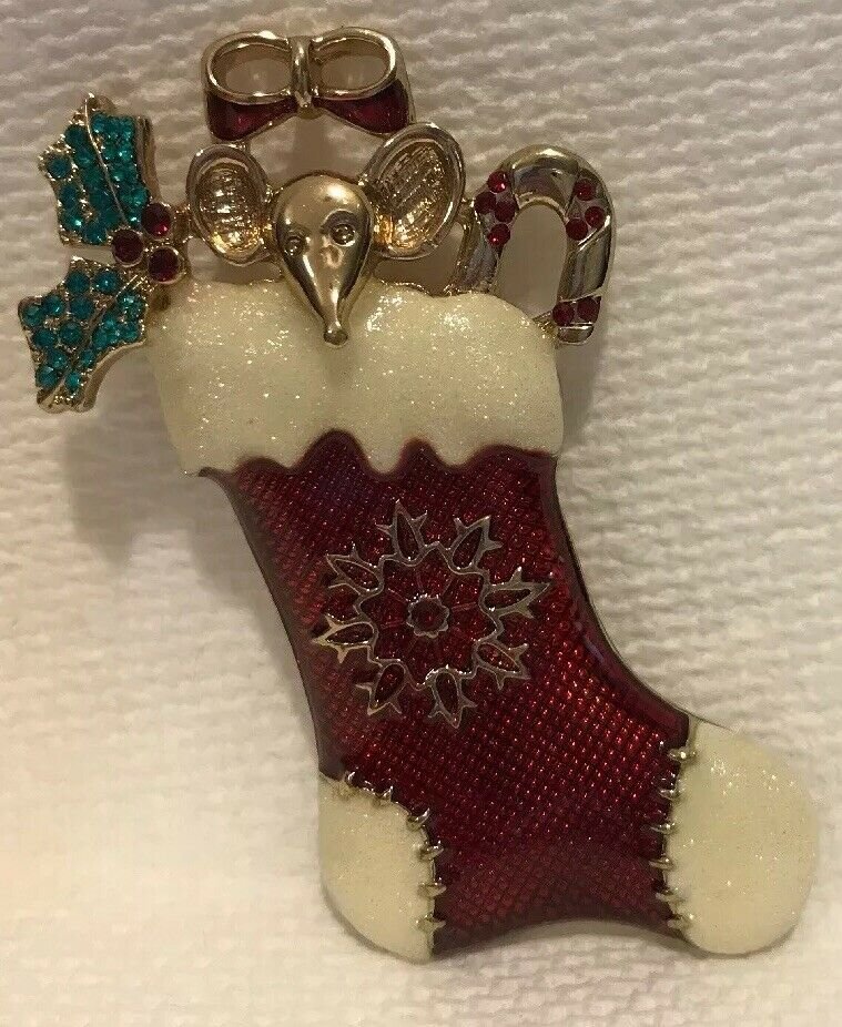Cute Mouse In Christmas Enamel Stocking Brooch Pin Rhinestone Holly Candy Cane