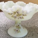 Fenton Ruffled Custard Glass Compote w Hand Painted Daisies Signed M Whiteley