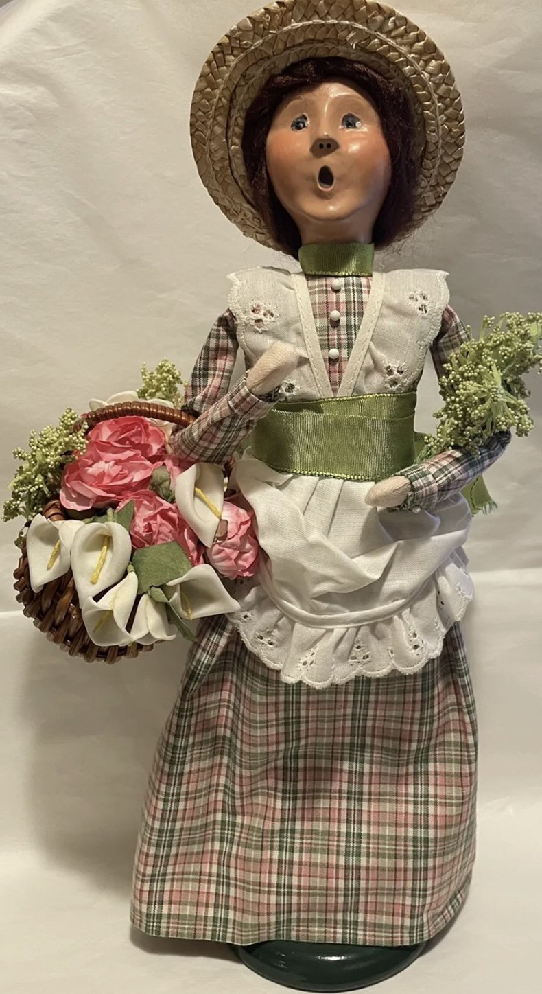 2014 Byers Choice Woman Caroler with Basket of Flowers Signed by Joyce Byers