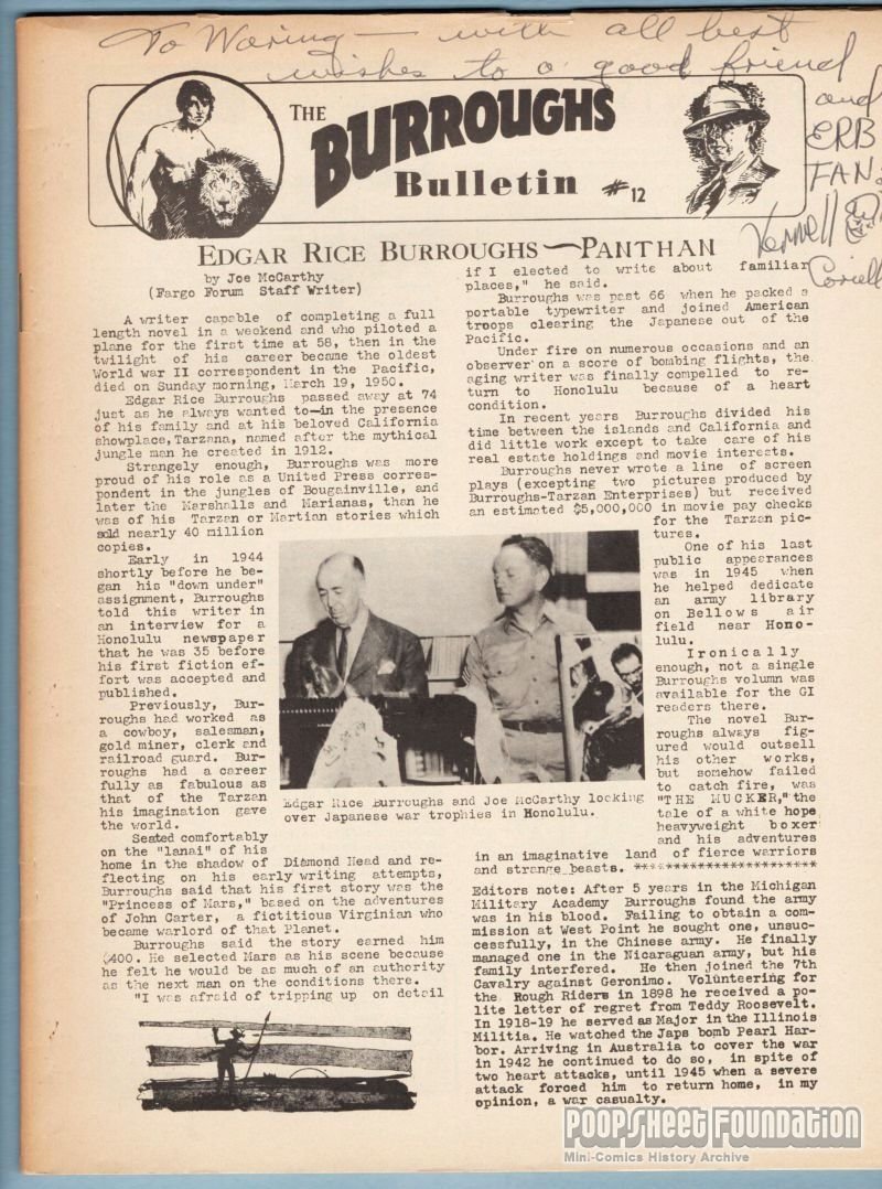 BURROUGHS BULLETIN #12 fanzine RUSS MANNING Philip Jose Farmer ERB signed 1956