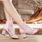 Ladies Chunky High Block Heel Lace Mesh Open Toe Zip Back Sandals Boots Shoes