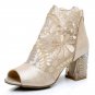 Ladies Chunky High Block Heel Lace Mesh Open Toe Zip Back Sandals Boots Shoes
