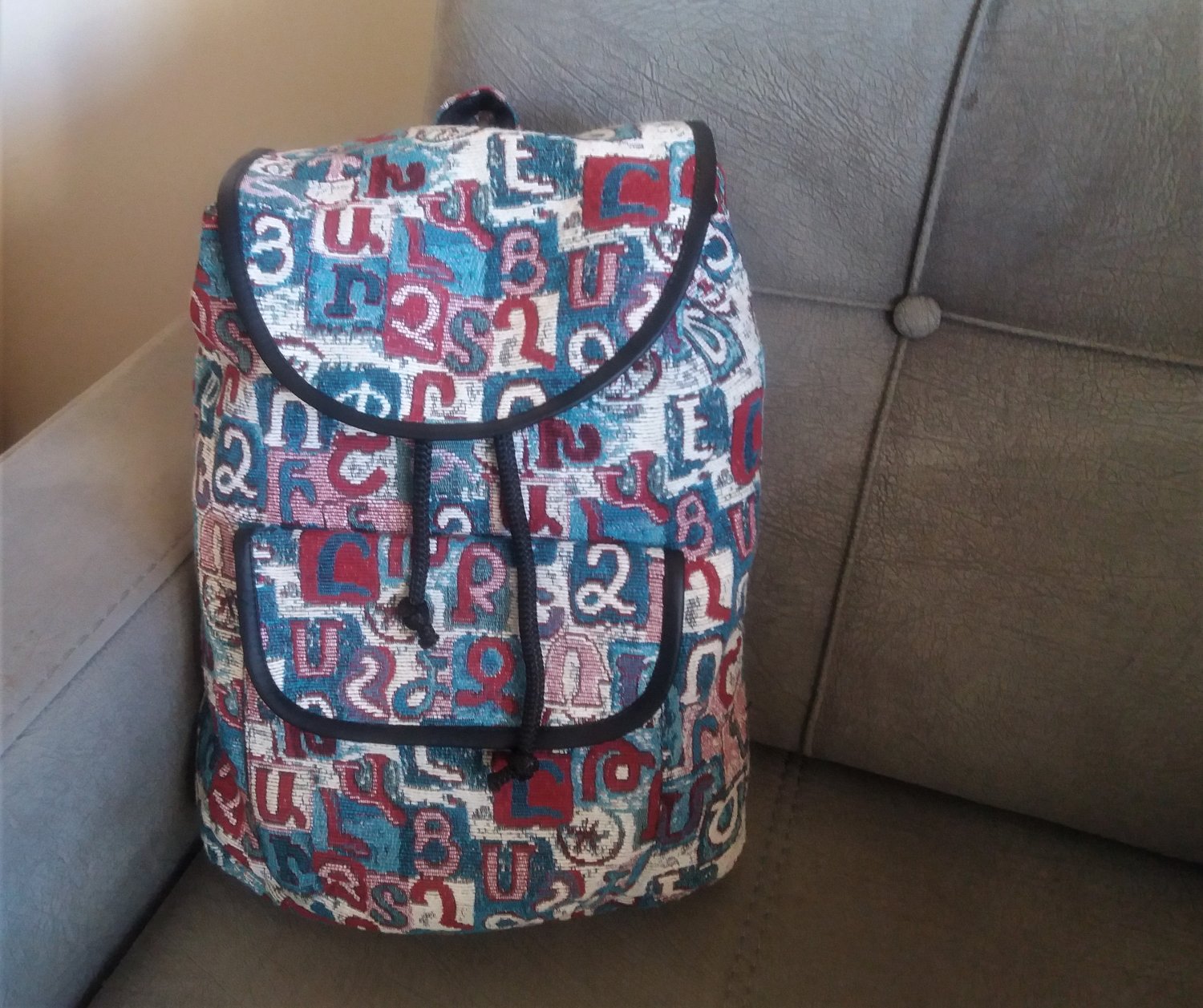 Handmade Armenian Backpack Bag with Armenian Alphabet, Backpack Bag, Ethnic Bag, Carpet Bag