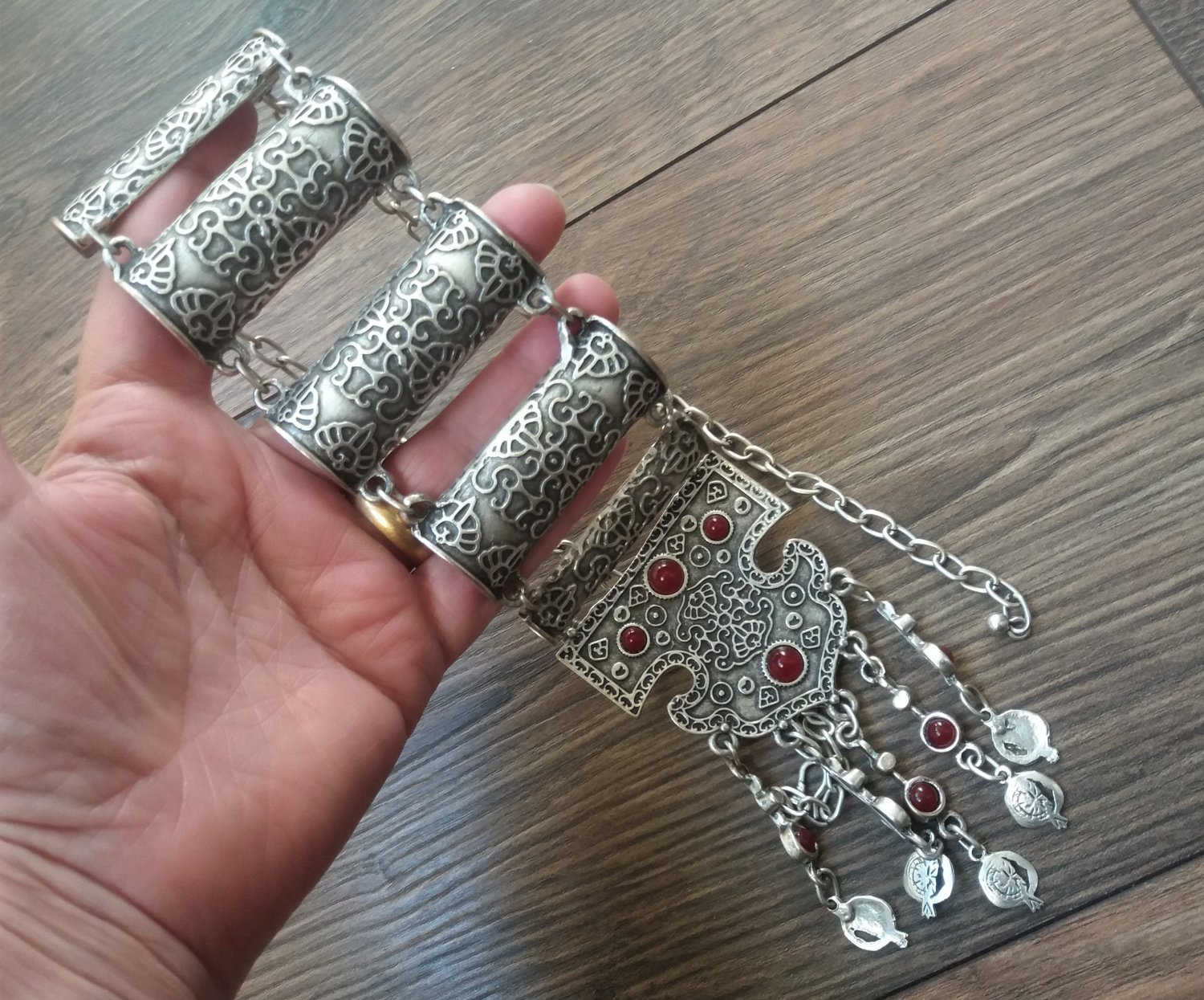 Silver Plated Pomegranate Half Cylinder Long Necklace, Armenian Necklace Pomegranate Stones