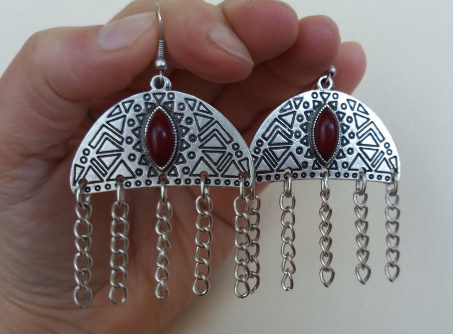 Armenian Half Circle Dangle Drop Earrings with Pomegranate Seeds Stone