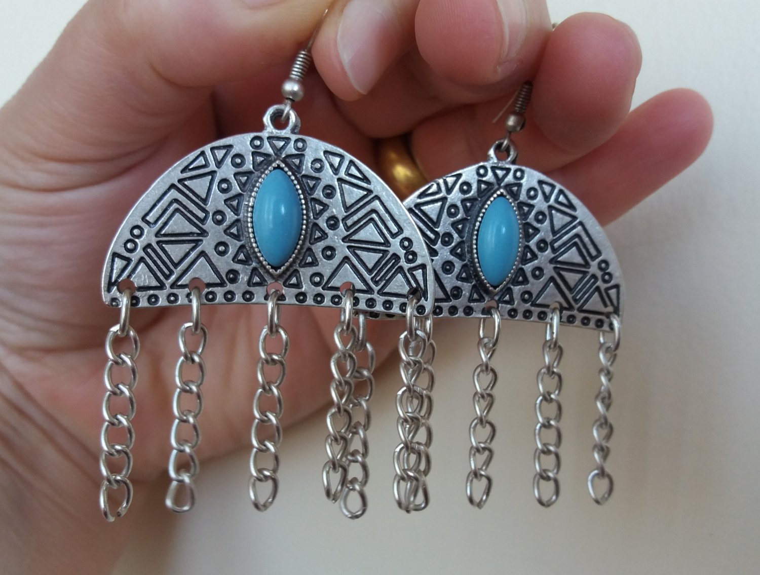 Armenian Half Circle Dangle Drop Earrings with Turquoise Stone