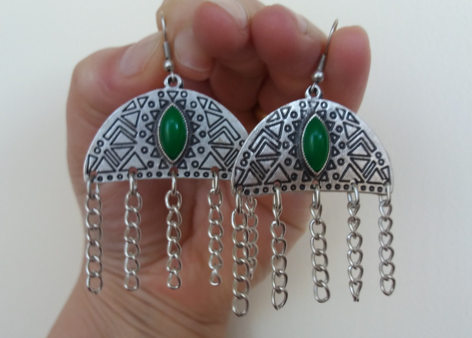 Armenian Half Circle Dangle Drop Earrings with Chrysolite Stone