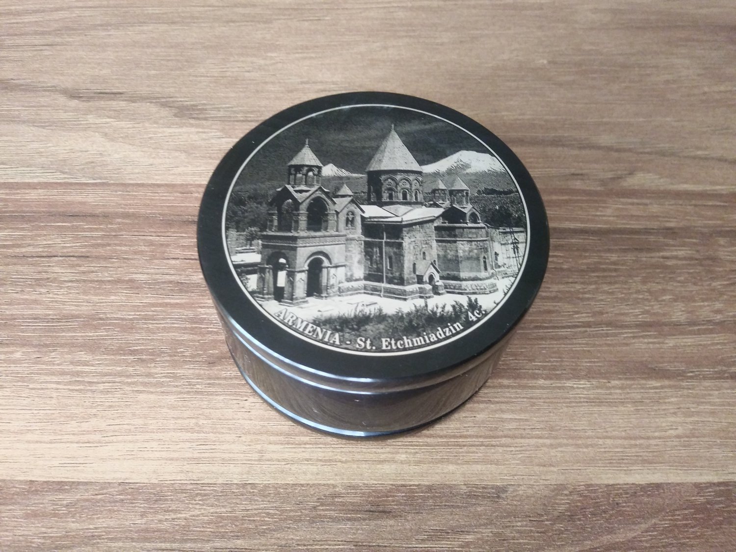 Obsidian round box made in Armenia with Etchmiadzin Cathedral & Mount Ararat
