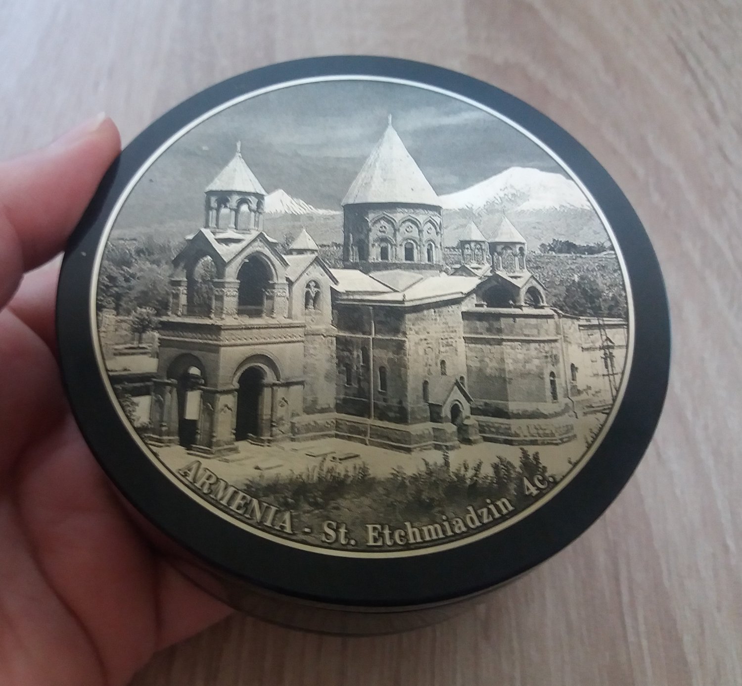Obsidian round jewelry box made in Armenia with Etchmiadzin Cathedral and Mount Ararat