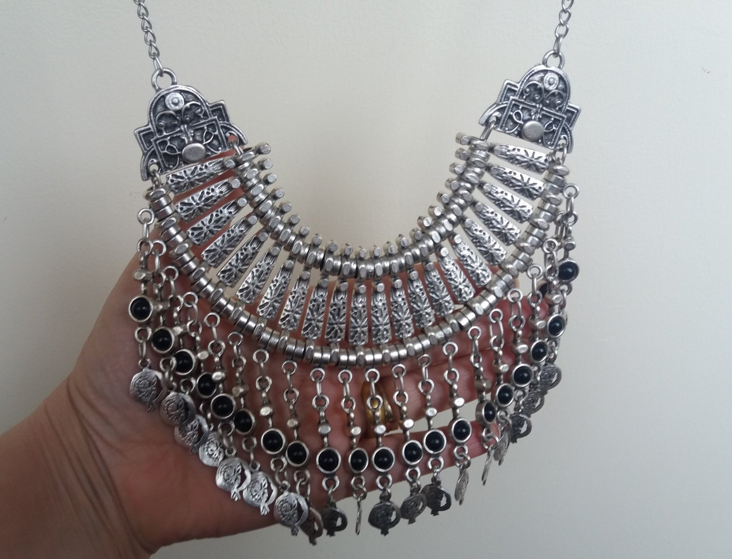 Haft Moon Lazurite Pomegranate Drop Coin Statement Necklace, Armenian Pomegranate Necklace