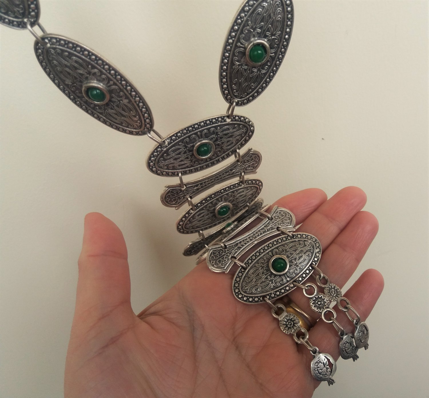 Silver Plated Pomegranate Oval Chrysolite Ethnic Statement Necklace