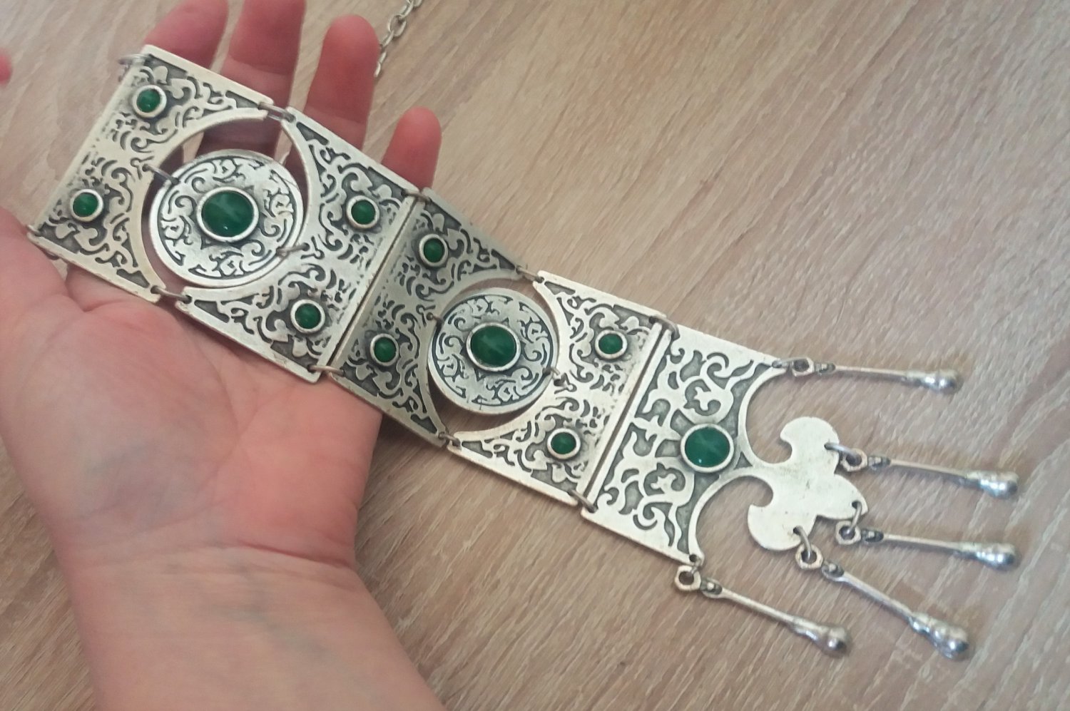 Silver Plated Long Ethnic Statement Necklace, Armenian Statement Necklace with Chrysolite Stones