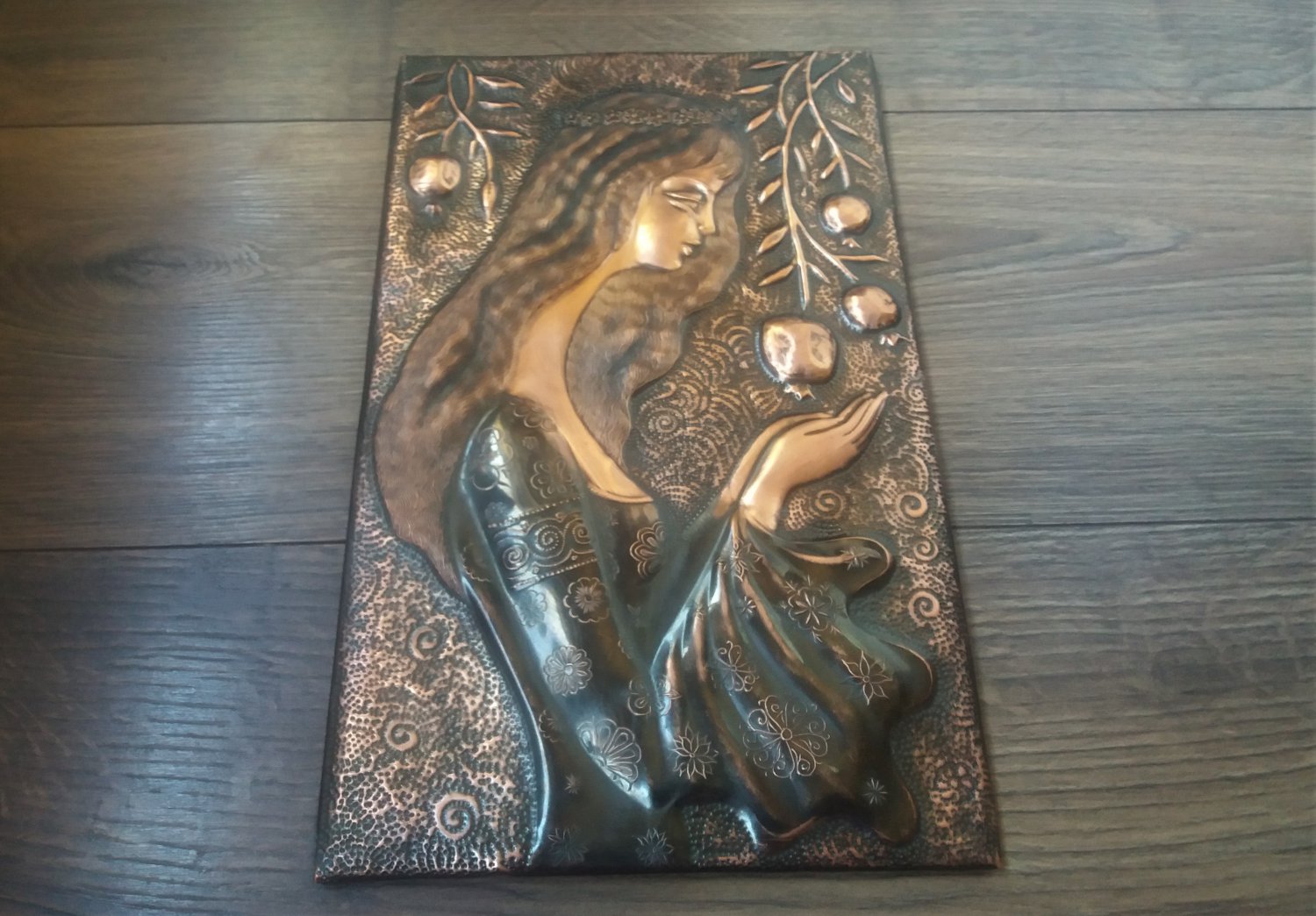 Vintage Embossed Copper Wall Decoration of a Woman and Pomegranate Tree, Chekanka