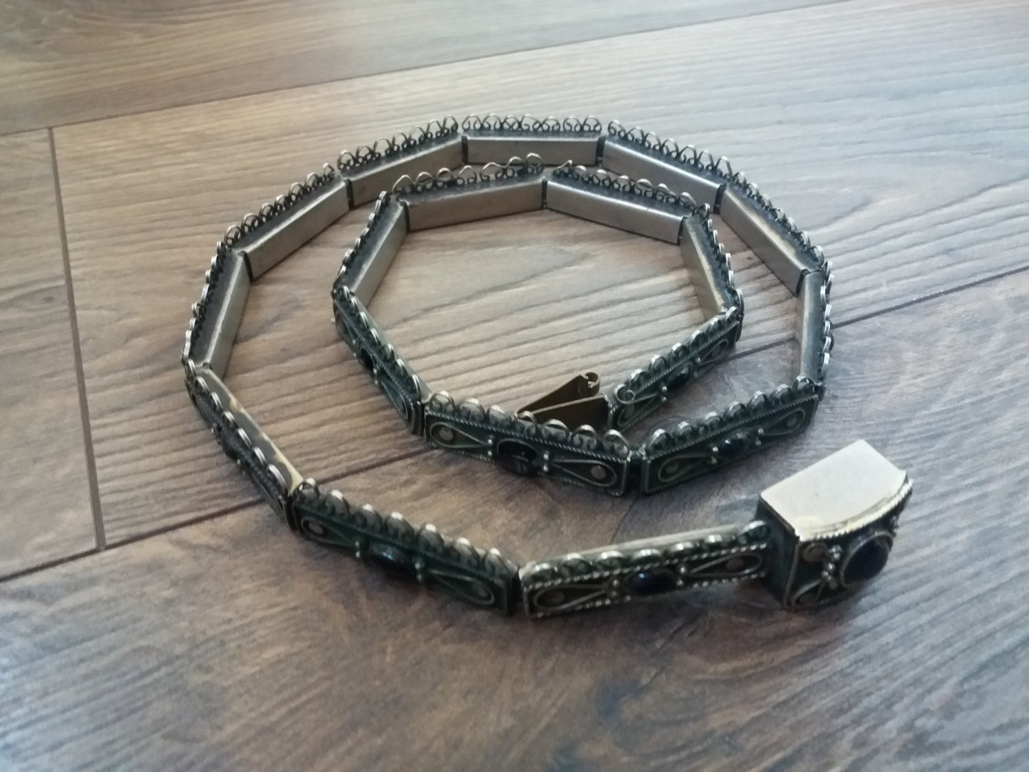 Vintage Armenian Soviet Belt 1960s with Black Onyx, Armor Link Belt, Antique Ethnic Belt