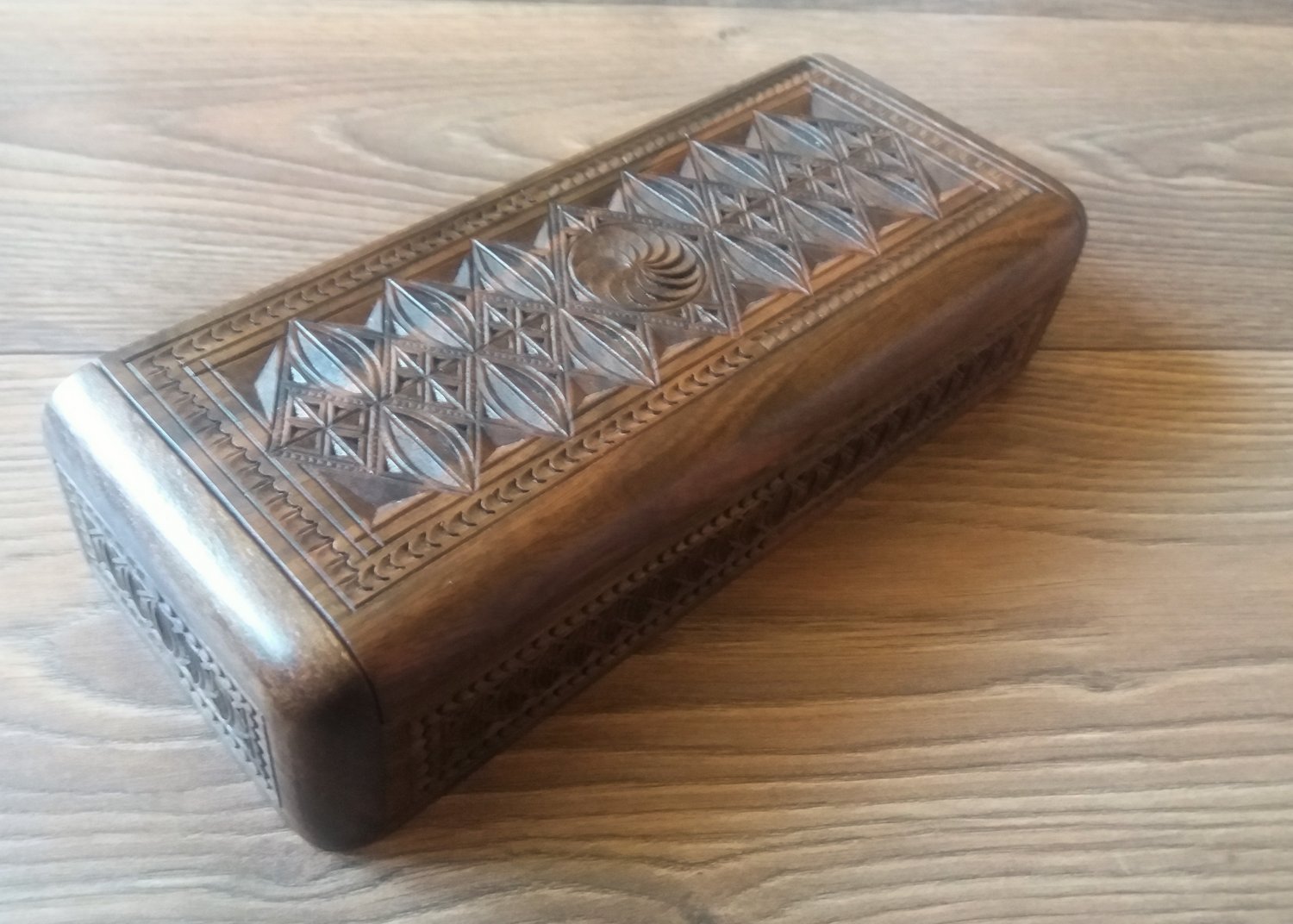 Handmade Armenian Wooden Box with Eternity Sign and Symbols, Long Wooden Box