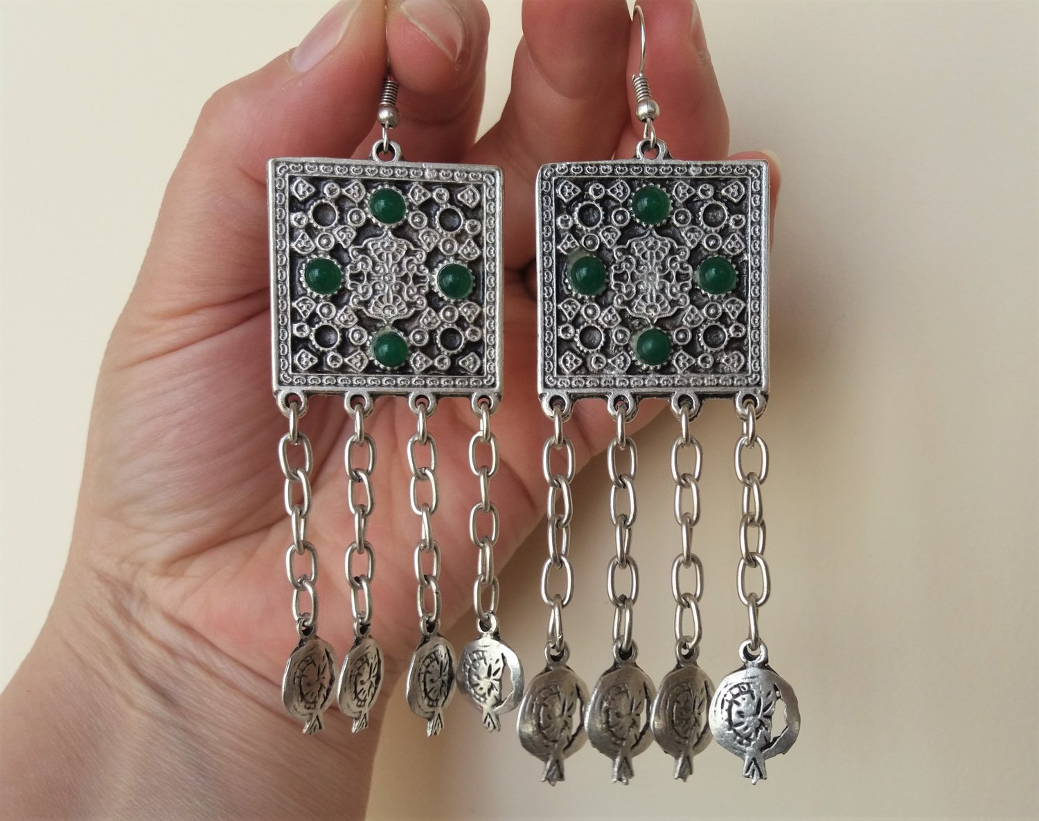 Armenian Square Chrysolite Dangle Drop Pomegranate Earrings, Ethnic Drop Earrings