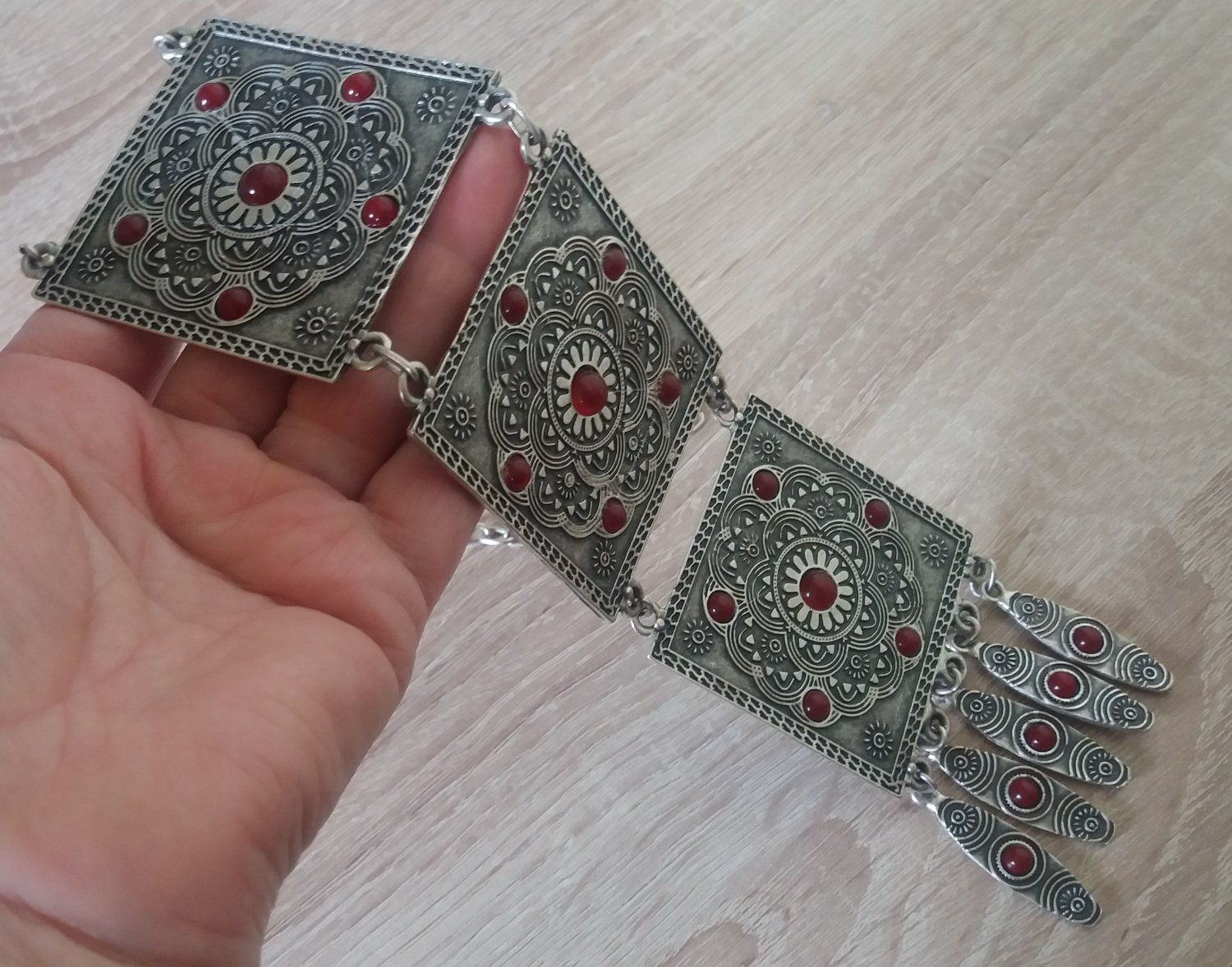 Silver Plated Long Square Ethnic Statement Necklace, Armenian Necklace with Pomegranate Stones